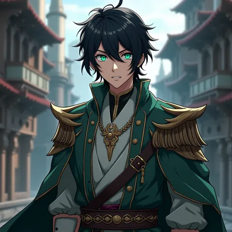 Anime boy medium long black hair and turquoise eyes serious feet head medieval clothes standing handsome