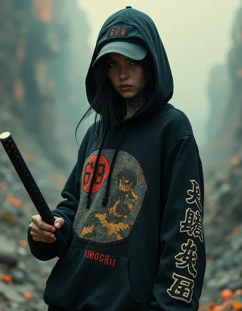 woman with black hoodie and written kimochi and 69 on the back of his Dress , 4k, tattoo on arm, katana, cap baseball, background abstract