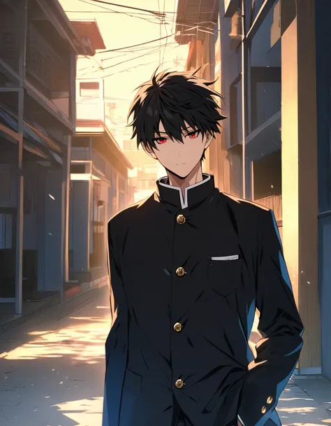 Alone, good looking, 1 male, high school student,  semi-long, Horizontal division, Black Hair, Red eyes, Highlights Off, Expressionless, gakuran, open topwear, shirt worn inside , School Background,  detailed background