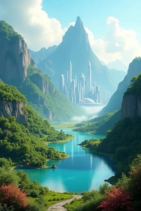 a beautiful fairytale valley with a lake, a river, a beautiful futuristic city with a mountain in the background