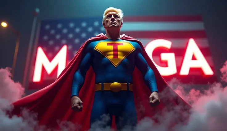 donald trump superhero in his  caped uniform with a red letter T inside a pentagonal yellow stylized shield with a red border on his chest , flying, neon light MAGA,  star spangled banner everywhere, very dark night, smoke