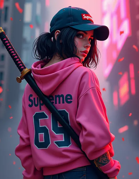 woman with pink hoodie and written supreme and 69 on the back of his Dress , 4k, tattoo on arm, katana, cap baseball, background abstract