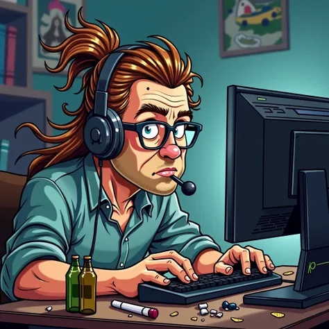 Cartoon of a drunk early middle aged man playing video games on a computer which is out of view. The man should have long brown hair in a man-bun. The man should be facing the viewer with his hands on a keyboard and mouse. The man should be wearing a gamin...