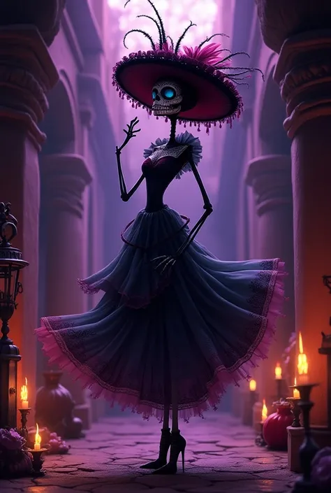 A Mexican catrina on the Day of the Dead in a Mexican pantheon,  in the style of Tim Burtons animated characters. In violet and purple tones 