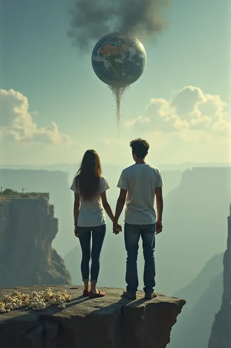 Un jeune homme et une jeune fille,  dressed in jeans and T-shirts seen from the back hold hands at the end of a cliff.  In front of them , The void . Dans ce vide, un cornet de popcorn.  above, une salière qui verse du sel sur le popcorn. next to,  the pla...