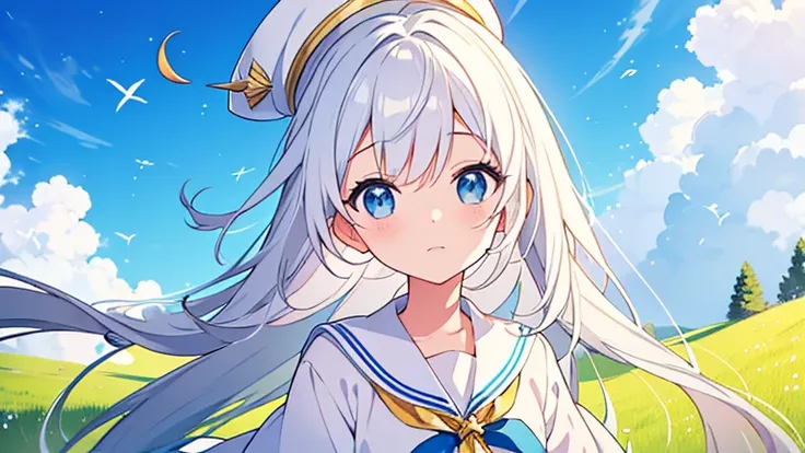 Grassland Background、 white hat with gold decoration looking up from the stairs、Long white hair、Sailor&#39; White Uniform 