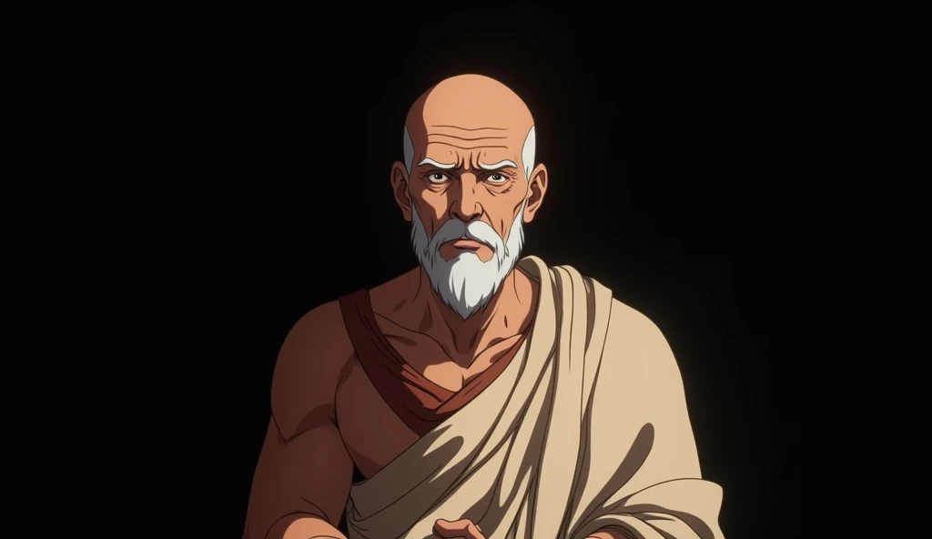 Create an ultra-detailed, anime-style YouTube thumbnail for a video titled Ancient Stoicism Life Lessons. The character should be an elderly Greek philosopher, with the calm and serene expression of a wise Stoic sage. His face shows wrinkles of experience ...