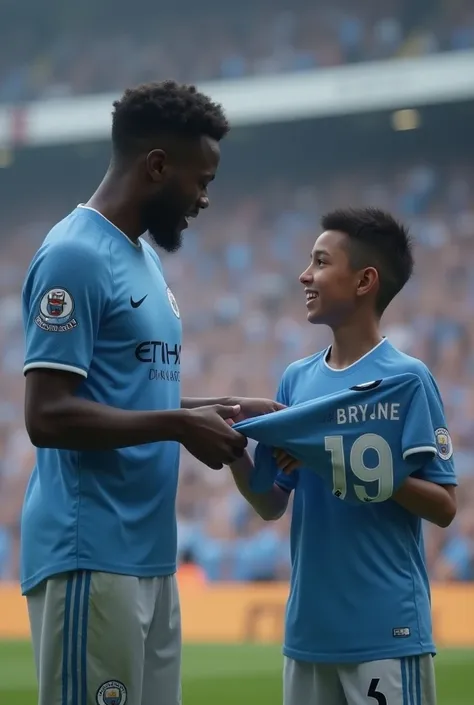 Kevin De bruyne giving his Manchester city jersey to a young 20 year old brown skin colour boy the  name on the jersey Kevin De bruyne is giving is "jets " and the jersey number is 19 3d realistic image in an stadium  the jersey name must be shown in front...