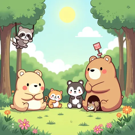  5 cute Sumikko Gurashi style characters、 in the green forest 、Excluding penguins 、 dont put in the penguins 、 put in monkeys、