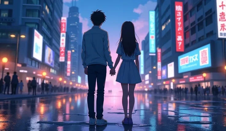  high resolution,HD,High quality,Back view of a couple holding hands in the city, Japanese cartoons  。
Generate image, Anime style, were inspired by the song "" IU and Suga 。
 The protagonist is standing with his back to the camera Close-up 。