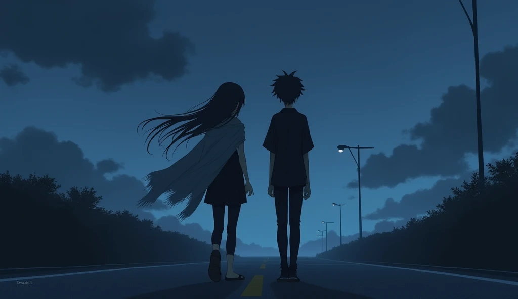 在夜云 ,   two good friends are walking ,   straight on the main road in the night clouds  ,  the girls face is blocked by the roadside , Long hair shawl,  top and dress ,  top color black pants , slippers,  boy is watching the girl ,  boy wearing a black shi...