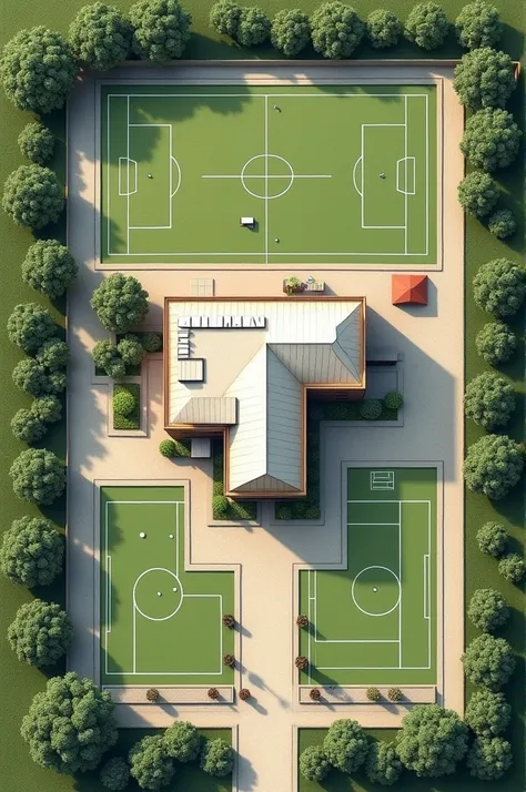 Architectural plan of a small school with soccer field, green areas and a security wall 