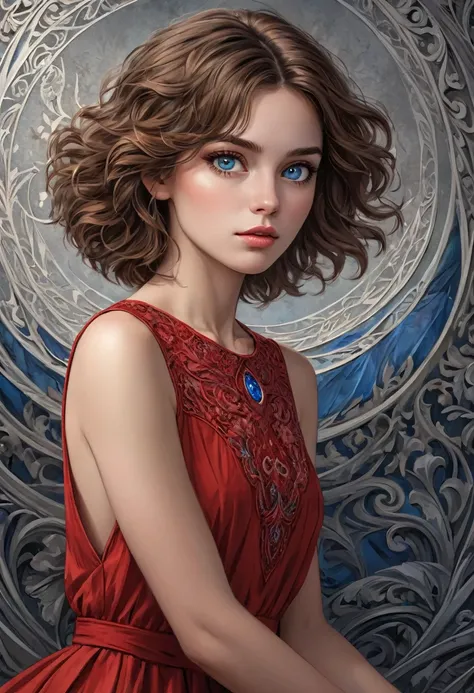 Key art, a beautiful woman with short wavy brown hair and blue eye, grey background , intricately detailed, masterpiece, award winning art, deep serenity is infused throughout the imagery, evocative, expressive, emotive art, 8k, hdr, she wearing red dress,...