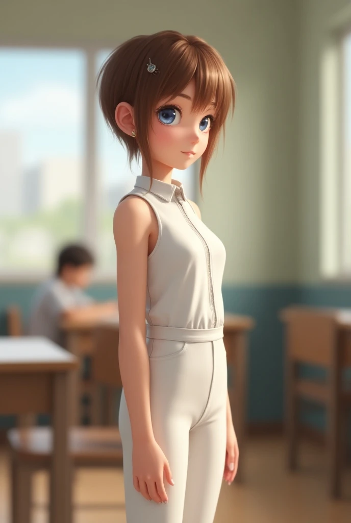 White girl 1:3, 9y, standing, from side, white jumpsuit, jumpsuit leggings, tight jumpsuit, high waist seam, short pixie hair, brown hair, no breast, small earrings, hair pin, blue eyes, smile, classroom, ren in background, Anatomically Correct