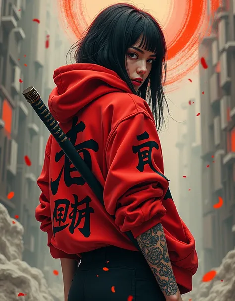 woman with red hoodie and written supreme and 69 on the back of his Dress , 4k, tattoo on arm, katana, background abstract