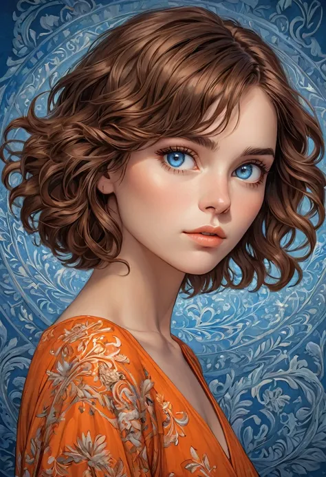 Key art, a beautiful woman with short wavy brown hair and blue eye, plain blue background , intricately detailed, masterpiece, award winning art, deep serenity is infused throughout the imagery, evocative, expressive, emotive art, 8k, hdr, she wearing oran...