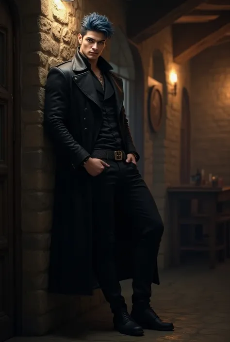 a human male tall 62, he has short dark blue hair, with sexy hazel eyes, he is lean but very strong, he wears a badass black coat, he prefers a goth style with cool skull rings, he is leaning against a wall in a tavern, its a fantasy setting, 