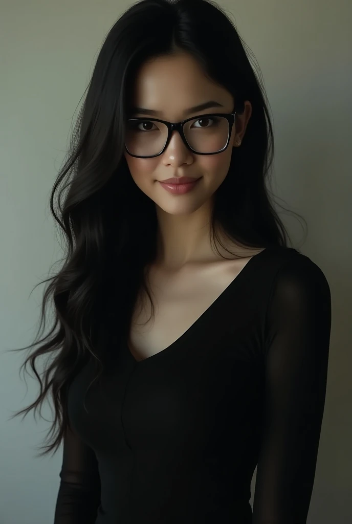 Black hair, white skin, a little bit narrow eyes, brown hair, glasses, no make up, black tight dress, smiling