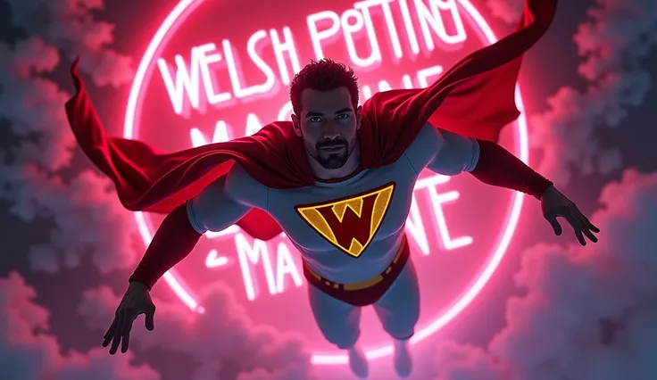 welsh superhero in his red and white caped uniform with a red letter W inside a pentagonal yellow stylized shield with a red border on his chest , short receding dark hair, face stubble, flying, neon light Welsh Potting Machine,  dragons flying, very dark ...