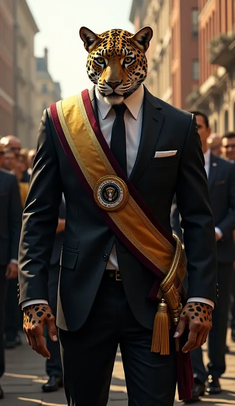 Jaguar with a strong and muscular human body, in a black suit and tie and with a presidential sash on the body, in a setting where there are many people