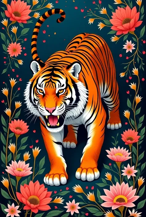 create a indian art of tigre in flower , pattern , tigger raw , art work