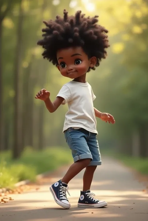 Black boy with very stylish Black Power hair and realistic image. dancing. With ALL star sneakers and denim shorts and white t-shirt . dancing músicas mais calma. realistic 