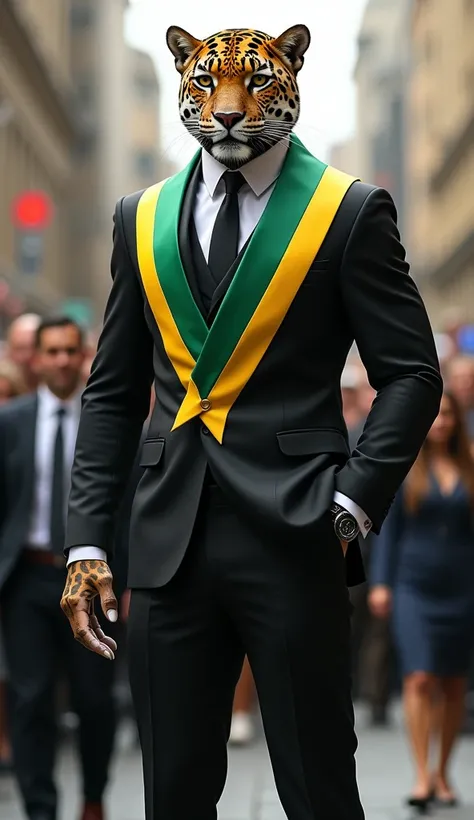 Jaguar with a strong and muscular human body, with a black suit and tie and with a Brazilian presidential sash on the body, in a scenario where there are many people