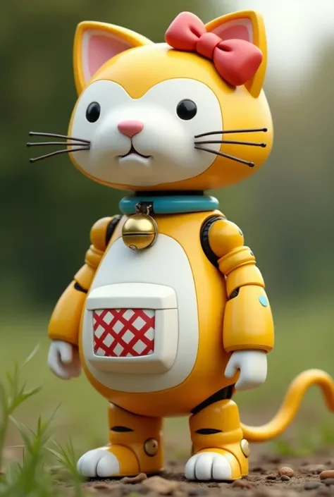 A metallic robot shaped like a yellow and white cute female cat wearing a big red bow at the back of the head and a blue collar with a golden round bell. She has a round face with white round hands and toes . She has a white pocket at the centre with red c...