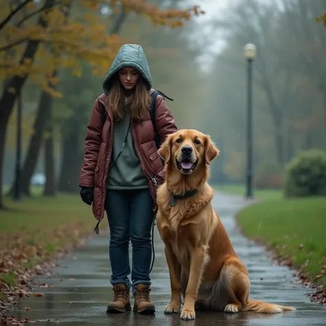 Rainy Day, park, one woman with dog