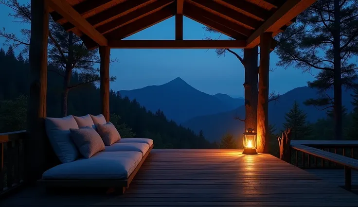 A cozy wooden terrace at night, with a sheltered roof and open sides revealing a view of a serene, dark forest. The scene is illuminated by a soft, warm glow from a small lantern, casting subtle light over a cushioned sofa and a wooden floor. The atmospher...