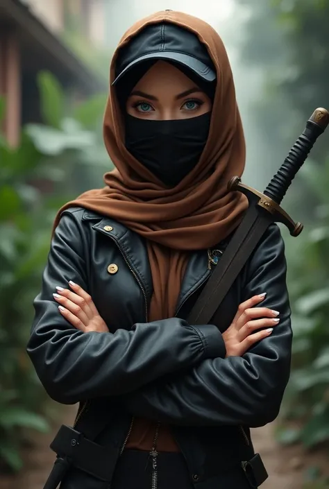 Create an image of a confident girl with striking blue eyes, wearing a stylish brown hijabb and a black cap and black mask She should have a fierce expression, embodying a savage attitude. Holding sword The background should feature an urban setting with j...