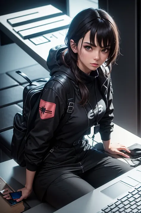  Create a character that goes live with a cell phone and keyboard and mouse connected , Half dark and with an M4 on the back and taking a stylish pose 