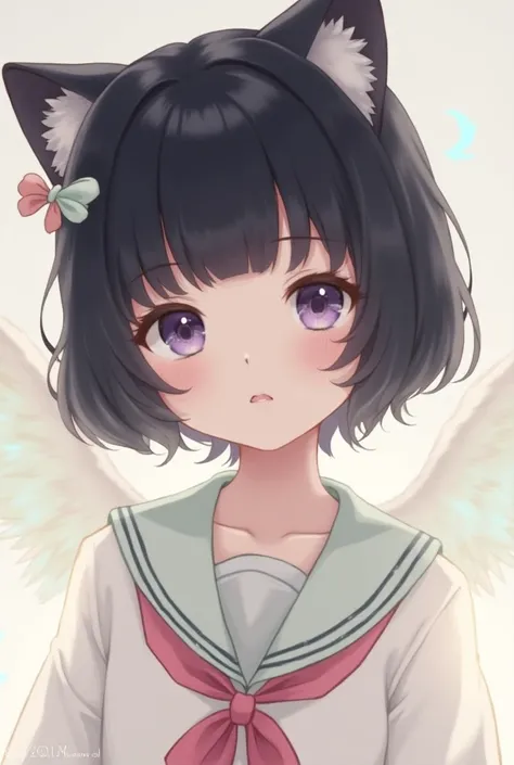 skistyle, 1girl, solo, black hair, animal ears, purple-green eyes, fluffy wings, looking at viewer, mole, bangs, short hair, bow, sailor collar, simple background, white sailor collar, mole under mouth, hair bow, pink bow, closed mouth, shirt, white shirt,...