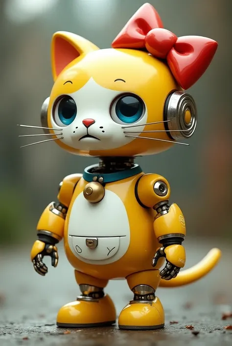 A short metallic robot shaped like a yellow and white cute female cat wearing a big red bow at the back of the head and a blue collar with a golden round bell. She has a round face and big pretty eyes with white round hands and toes . She has a white pocke...