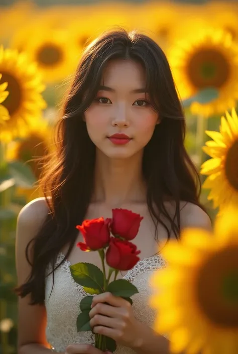 
Beautiful Thai Chinese Korean woman with sweet face, fair skin, long black hair, wearing white lace dress, holding red roses, surrounded by sunflowers, bokeh photo, watchman atmosphere