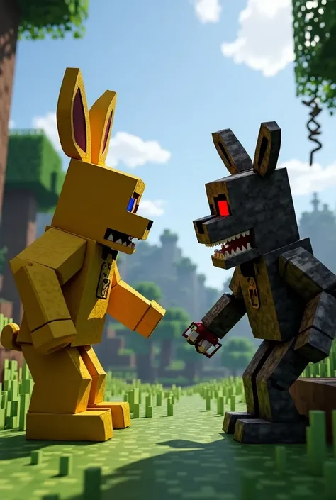 Minecrafts Golden Rabbit having an epic fight with FNAFs Springtrap in the Minecraft world