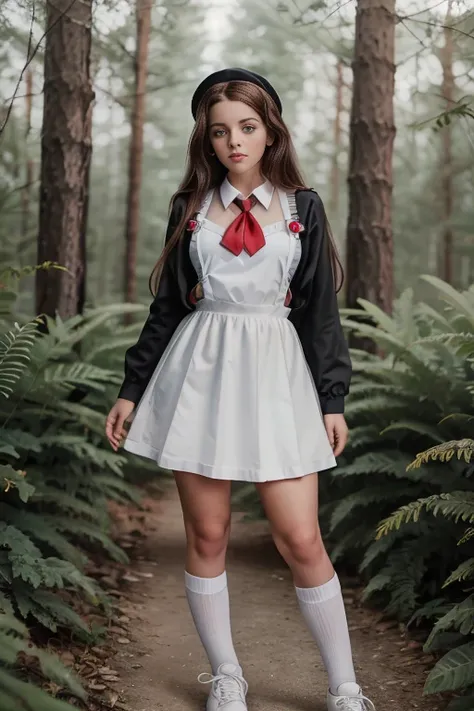 Cute young beautiful schoolgirl pioneer, beautiful cute teen face, black leather skater pinafore dress , transparent white blouse , red tie, brunette long hair, beautiful eyes. stockings, Sneakers, pioneer schoolgirl - standing in the forest , photorealist...