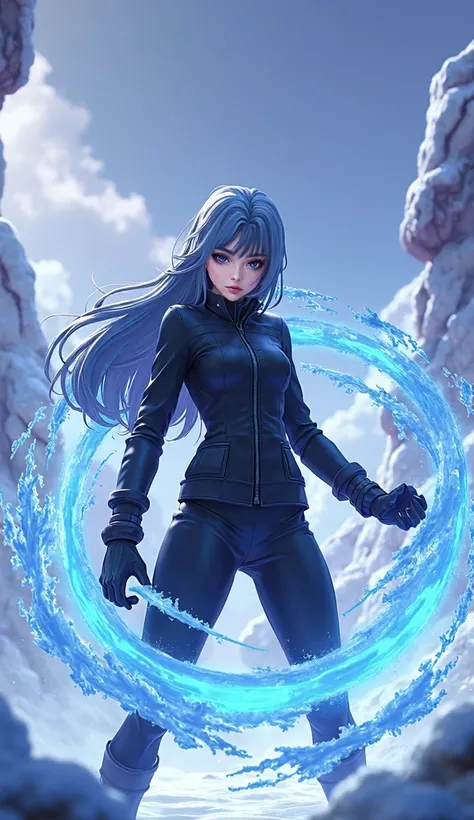 Womens Middle Angle 3D Anime Movie in Ninja Style, Against the backdrop of infinity .  Elsa wears a sleek black jacket with a zipper and long hair , Blue-gray hair. , she is in a lively posture ,  with her unique ice power creates a spiral of ice around he...