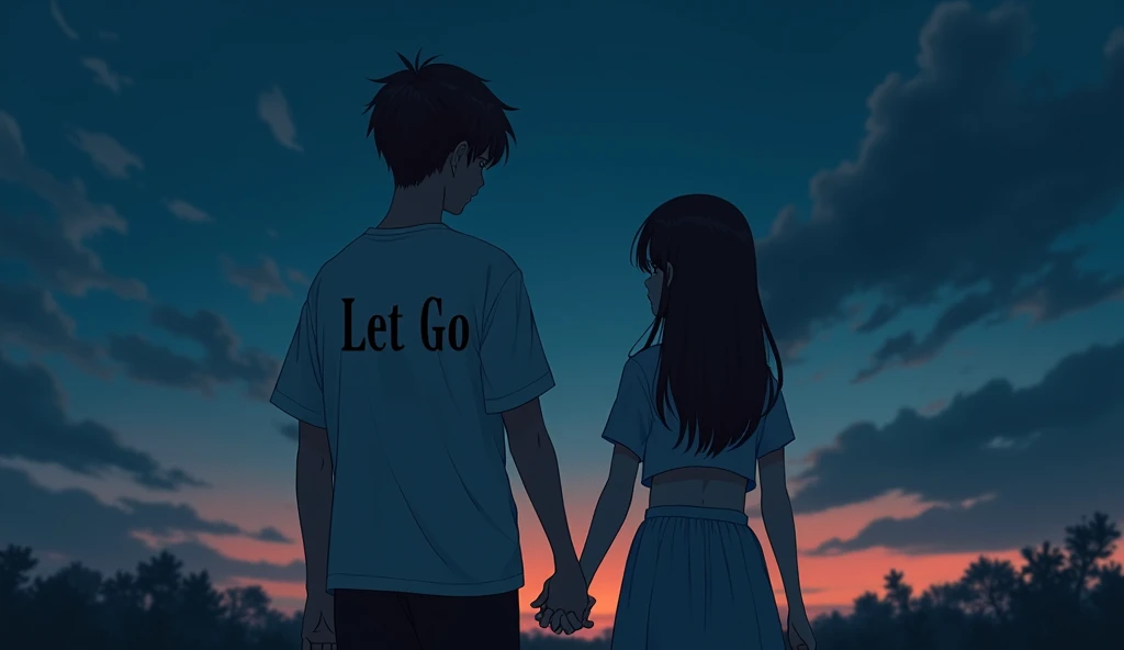  to create a mature boy and girl holding hands, boy wears a piece with "let go"T-shirt, written on it to create a dark sky in the background ,采用Anime style。
Generate image, Anime style, were inspired by the song "" IU and Suga 。
 The protagonist is standin...