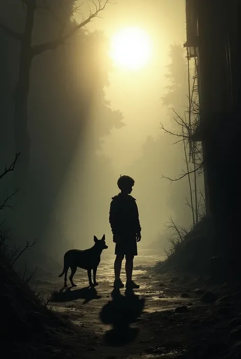 Create a realistic , sun , darkness, boy shedo, dog,