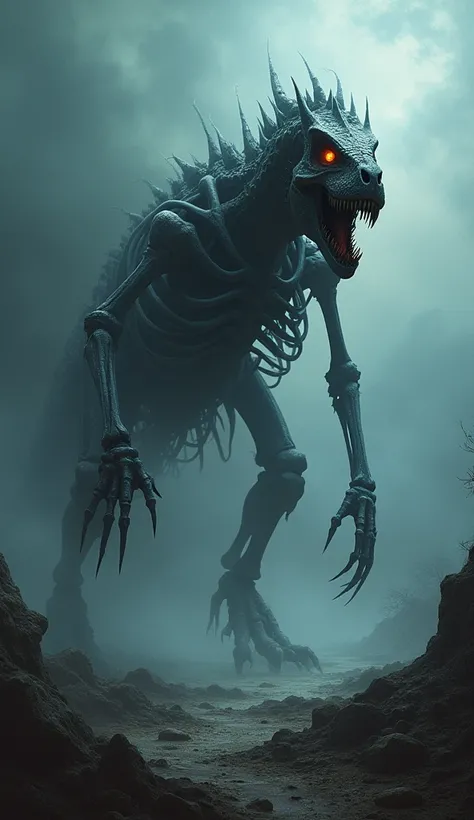 
Dinosaur+ skeleton + front facing monster + dark fantasy background 