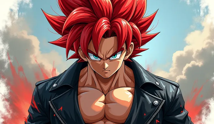 Goku with red hair and blue eyes and with a black jacket Masterpiece, impressionism, anime, Black leather jacket 