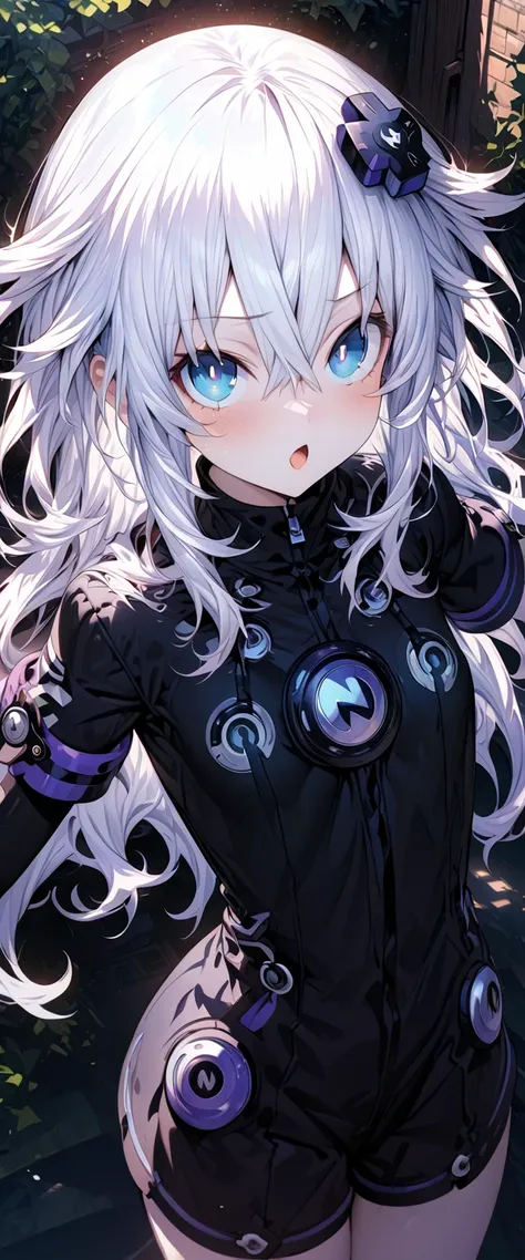 (masterpiece),( Best quality ),( Ultra-detailed),( best illustration),(best shade),(absurd),( Detailed background ),(very aesthetic), black_heart(Neptune),  white hair,  blue eyes , Pupils in the shape of a symbol,