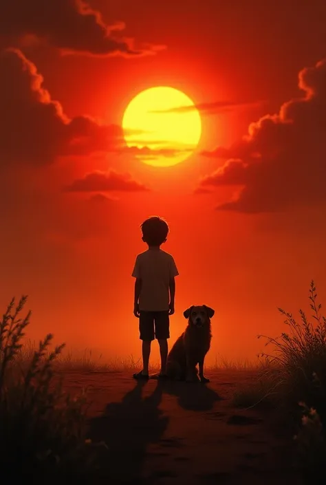 Create a realistic , sun , darkness, boy shedo, dog, redness 