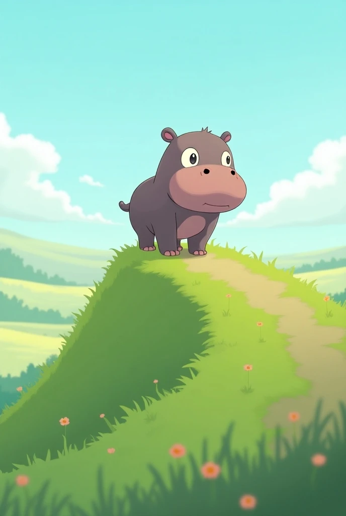  climbing the slope became a hassle、 The little hippopotamus lying down and starting to play 。
cute anime-style image 。