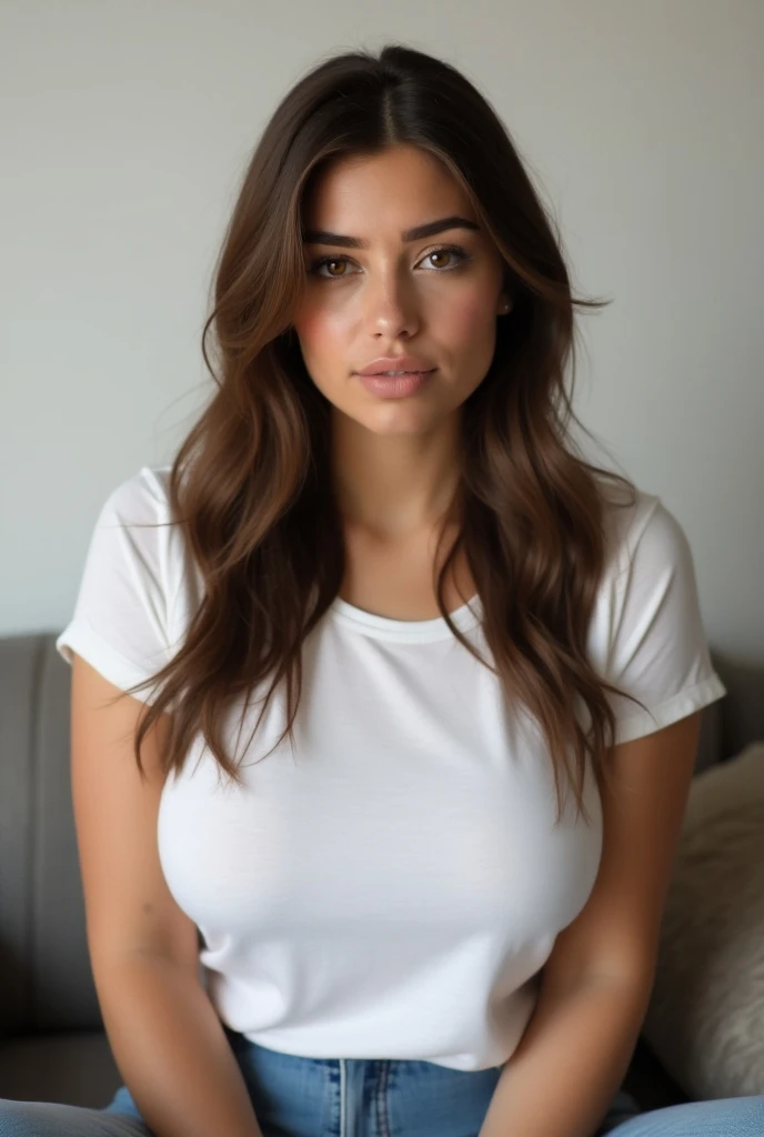 1fille,brun,21 ans, Brown eyes,A solo,best quality, Boss of&#39;ouvrages d&#39;art, 8k,photo BRUTe, photo (Subject), extremely detailed, BRUT,realistic,session, regarder le spectateur,short,t-shirt blanc,Poil long,brown-hair, couch, assise,large ass, tetas...