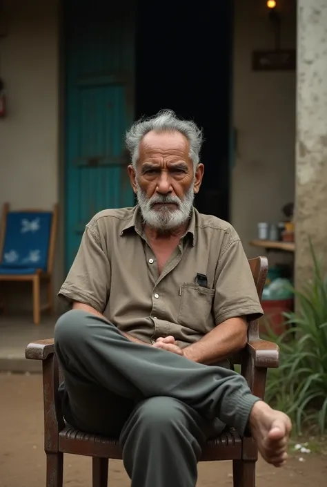 a serious man with an Andean appearance of 50 years old resting in a chair and behind his house.