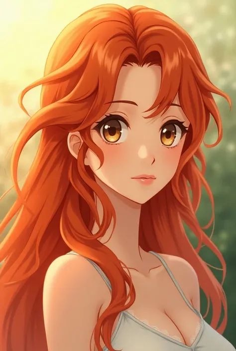 a beautiful lady, long orange hair, wavy hair, bangs, golden brown eyes, noble, beautiful, gentle, beautiful features. Anime characters