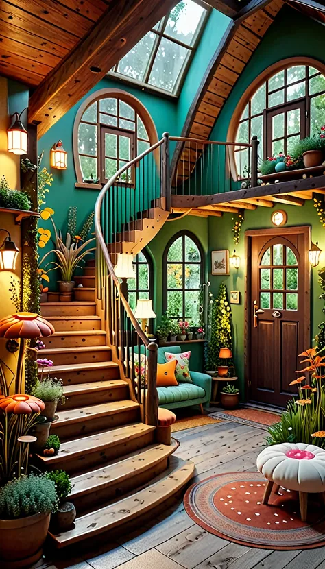 Autumn evening, indoor staircase leading to the second floor of a retro and fantasy fairy house with a forest motif in a fairyland house, large room with rounded ceilings and a door leading to a room upstairs, rustic furniture, handmade cushions on a woode...