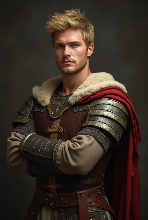 Well-stocked medieval prince,  defined mandible almost two meters high, light skin,  light blonde hair and blue eyes , 